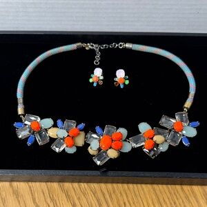 J. Crew Vintage Brulee Colorful Floral Statement Necklace and Earring Set Preppy